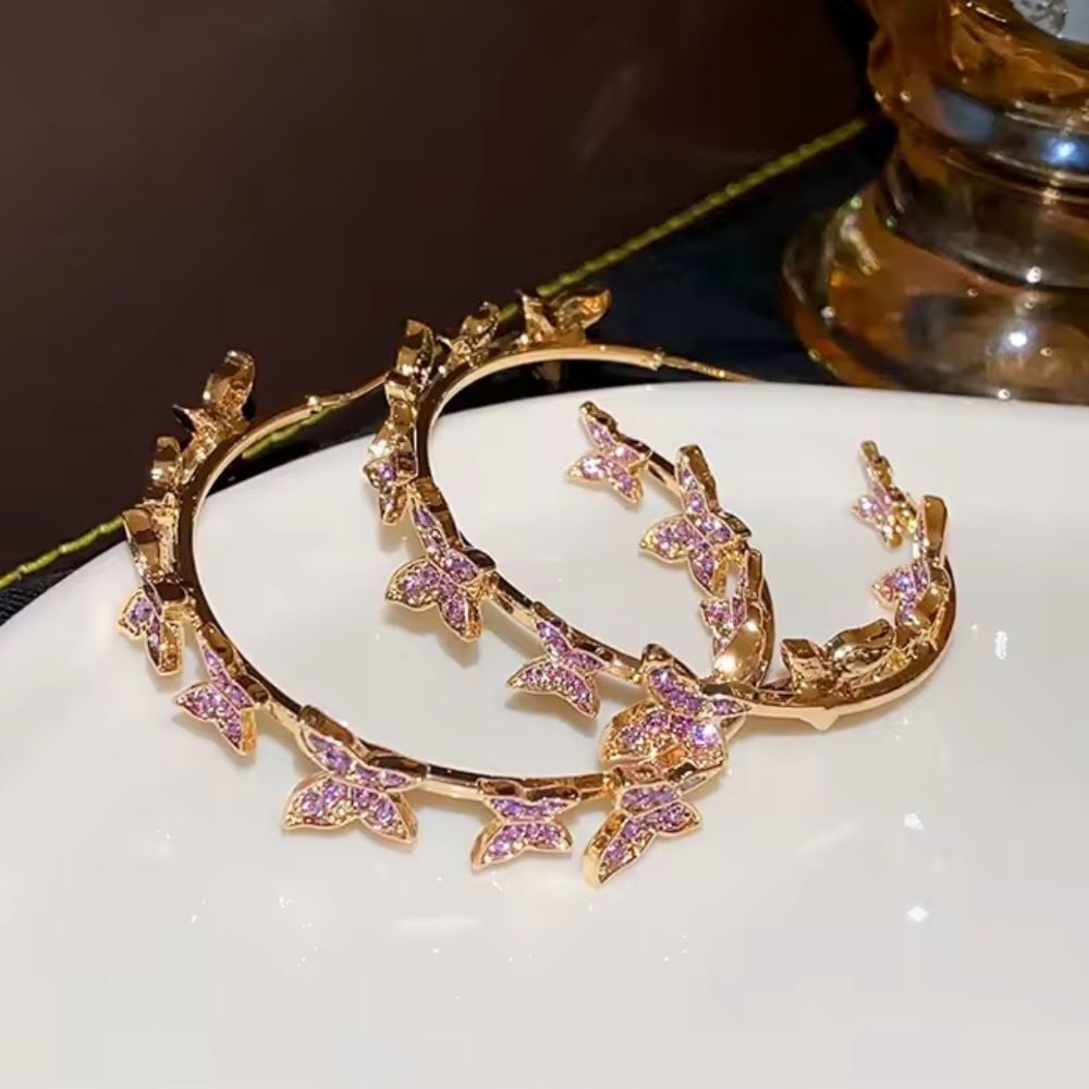 Anthropologie Gold Hoop Earrings with Pink Crystal Butterflies